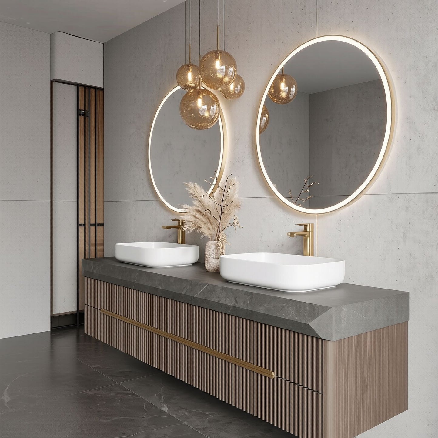60''-96'' Double Bathroom Vanity with Sink Dark Concrete Slatted Wood Drawers Cabinet