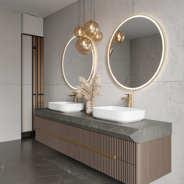60''-96'' Double Bathroom Vanity with Sink Dark Concrete Slatted Wood Drawers Cabinet