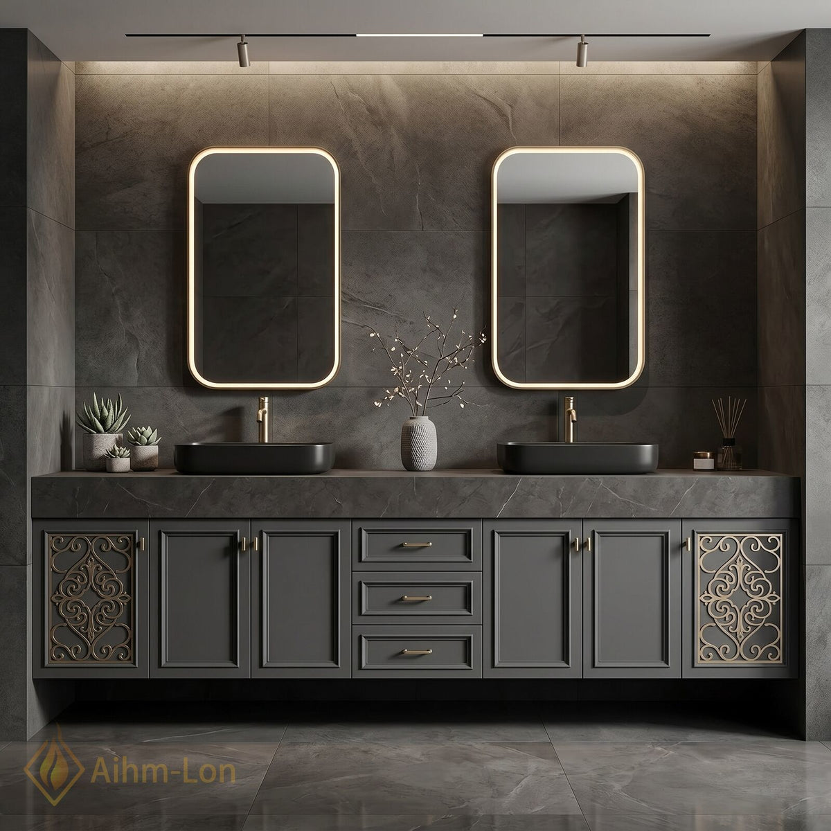 78''-96'' Double Bathroom Vanity with Sink Dark Slate Finish Slatted Center Panel