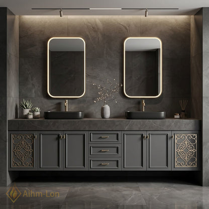 78''-96'' Double Bathroom Vanity with Sink Dark Slate Finish Slatted Center Panel