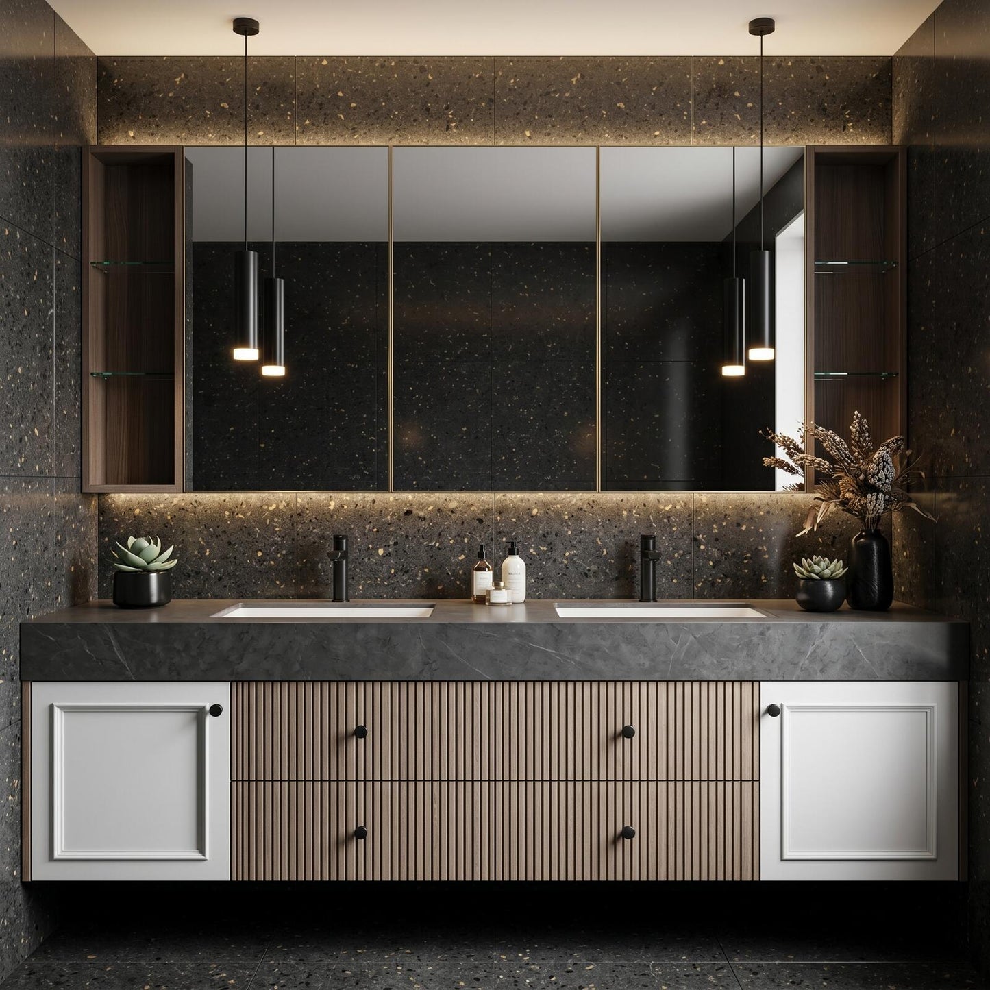 70''-96'' Modern Bathroom Vanity with Sink Double Sink Slatted Center Panel Dark Grey Stone