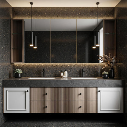 70''-96'' Modern Bathroom Vanity with Sink Double Sink Slatted Center Panel Dark Grey Stone