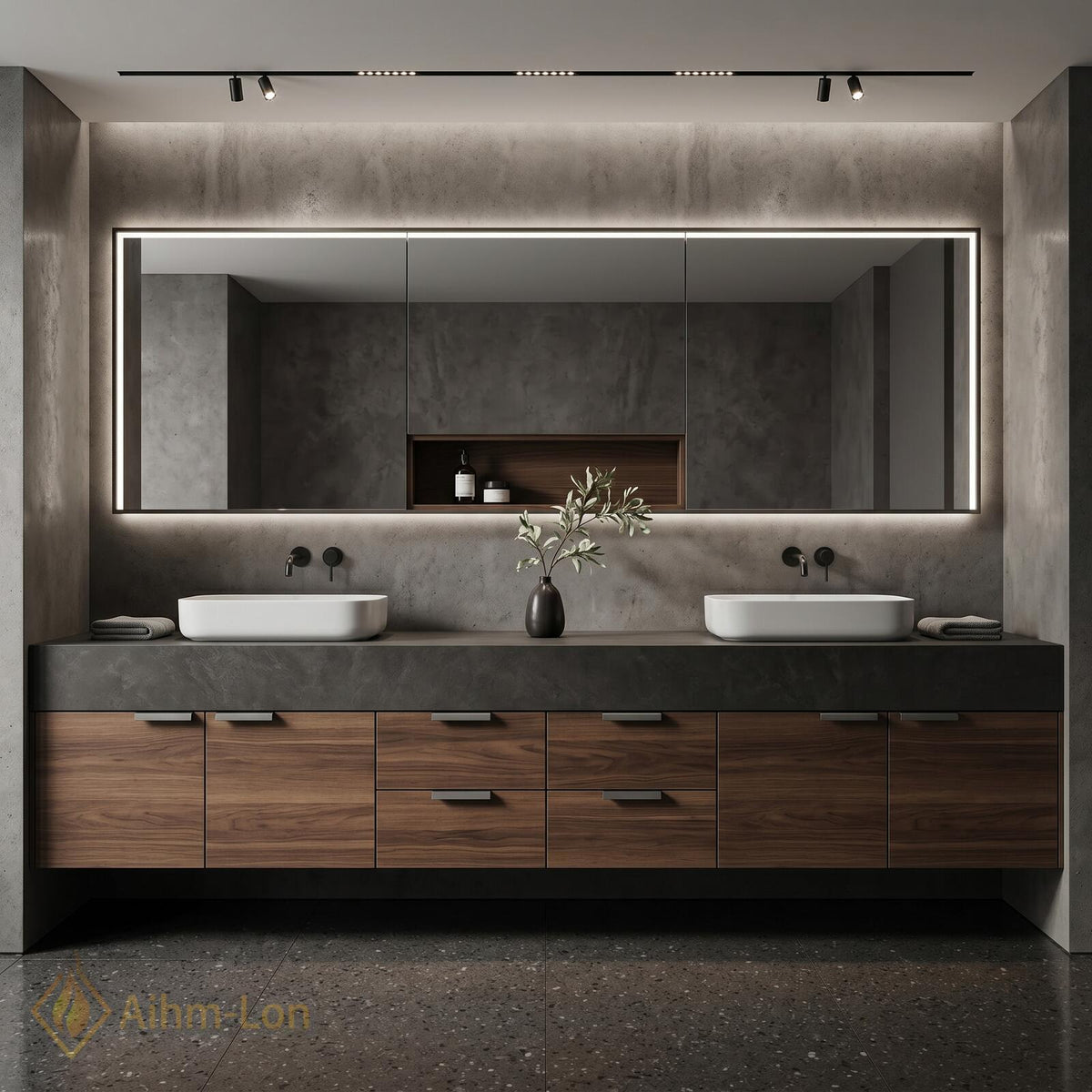 60''-96'' Double Bathroom Vanity with Sink Dark Walnut Slatted Center Panel Design