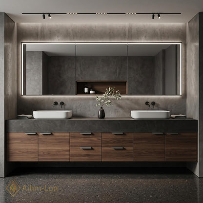 60''-96'' Double Bathroom Vanity with Sink Dark Walnut Slatted Center Panel Design