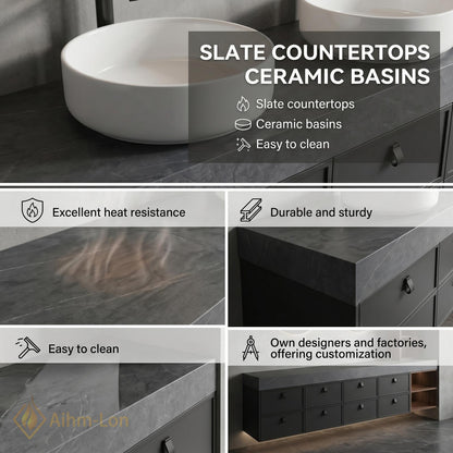 76''-96'' Double Bathroom Vanity with Sink Dark Charcoal Modern Floating Stone-Top