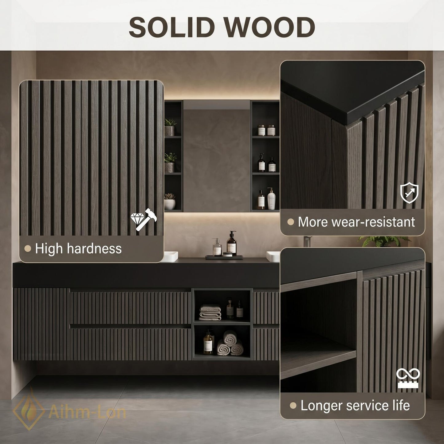 60''-96'' Modern Double Bathroom Vanity with Sink Floating Dark Matte Vertical Slats