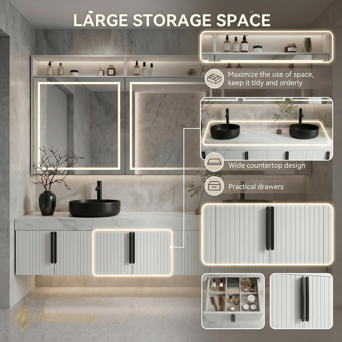76''-96'' Bathroom Vanity with Sink Floating Double Slatted Doors Open Shelving Marble