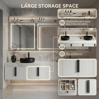 76''-96'' Bathroom Vanity with Sink Floating Double Slatted Doors Open Shelving Marble