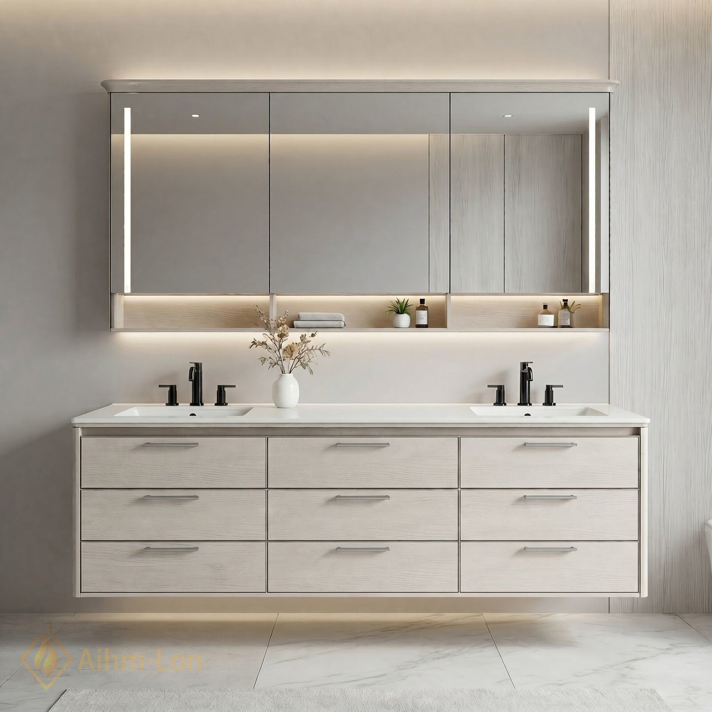 60''-96'' Double Bathroom Vanity with Sink Floating Frame Full Length Mirror Cabinet