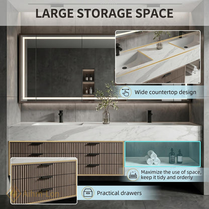 60''-96'' Double Bathroom Vanity with Sink Grey Stone Effect Vertical Slatted Panels