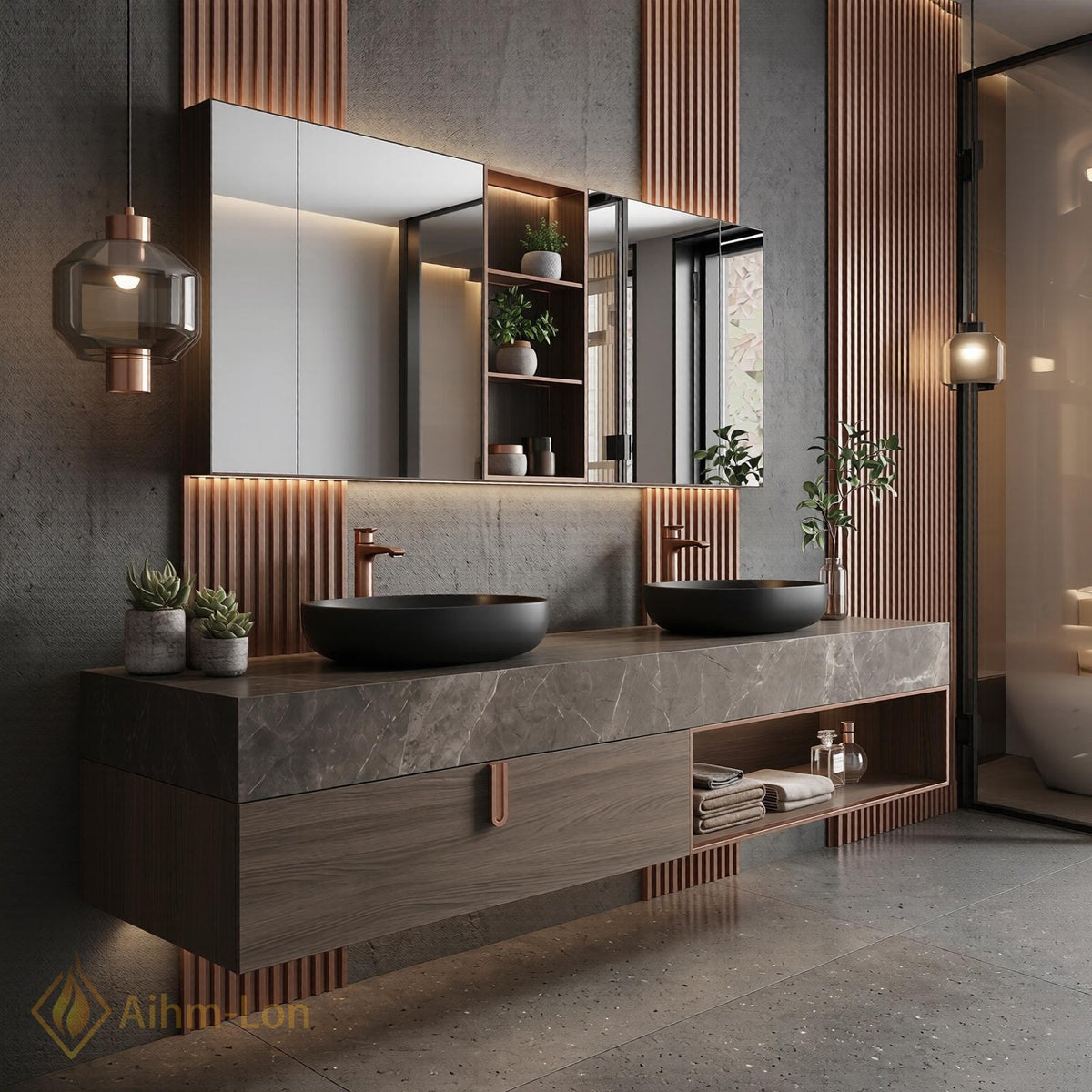 60''-96'' Double Bathroom Vanity with Sink Neutral Grey Stone Ribbed Wood Panels