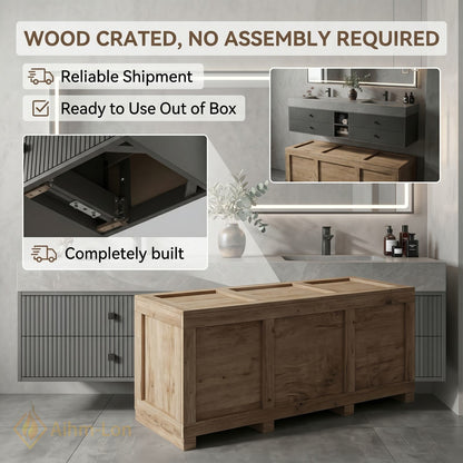 60''-96'' Double Bathroom Vanity with Sink Grey Floating Modern Stone-Top Vertical Grooved