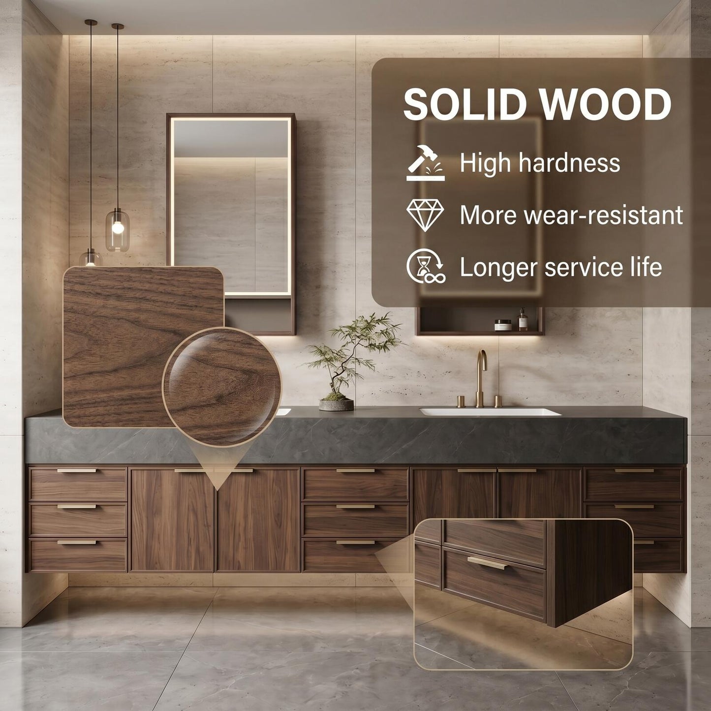 70''-96'' Modern Bathroom Vanity with Sink Double Sink Dark Stone Walnut Drawers Cabinet