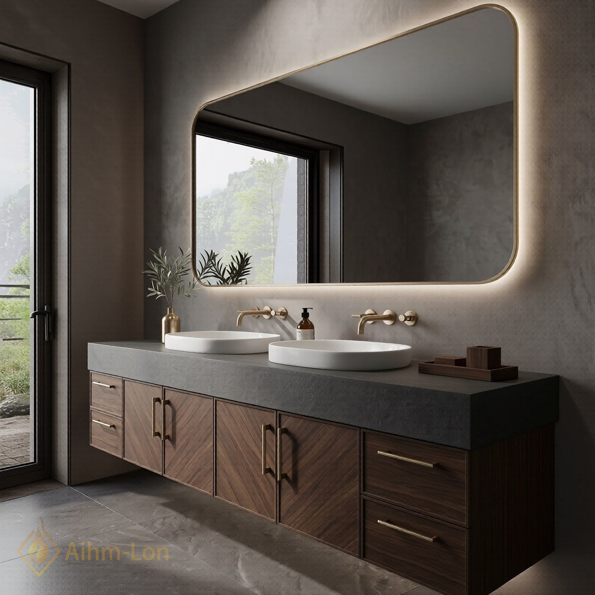 60''-96'' Double Bathroom Vanity with Sink Dark Grey Countertop Chevron Wood Doors