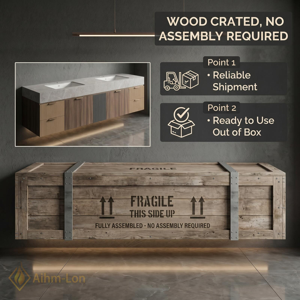78''-96'' Double Bathroom Vanity with Sink Floating Vanity Grain Finish Slatted Center