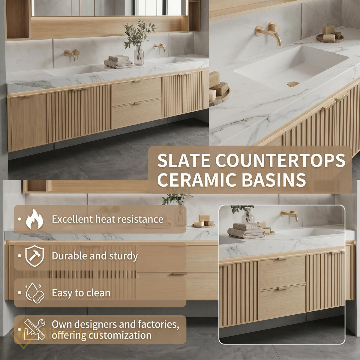 78''-96'' Double Bathroom Vanity with Sink Floating Double Oak Finish Slatted Front