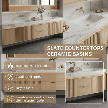 78''-96'' Double Bathroom Vanity with Sink Floating Double Oak Finish Slatted Front
