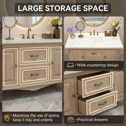 48''-64'' Classic Bathroom Vanity with Sink Raised Panel Marble Curved Leg Drawers