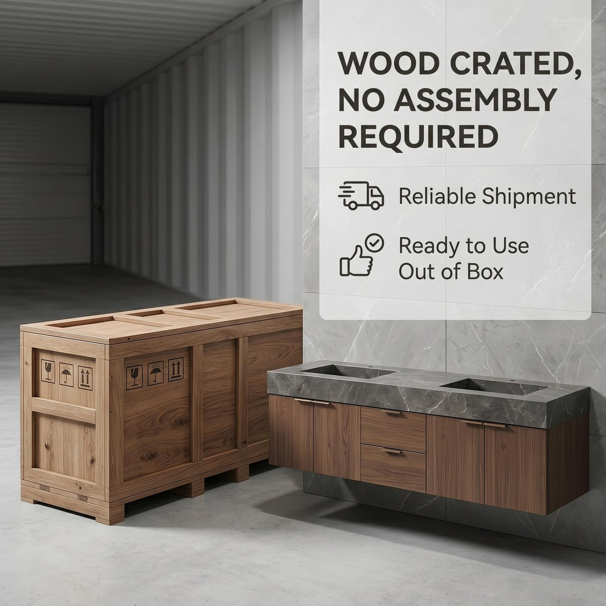 60''-96'' Double Bathroom Vanity with Sink Modern Floating Dark Walnut Slatted Center Panel