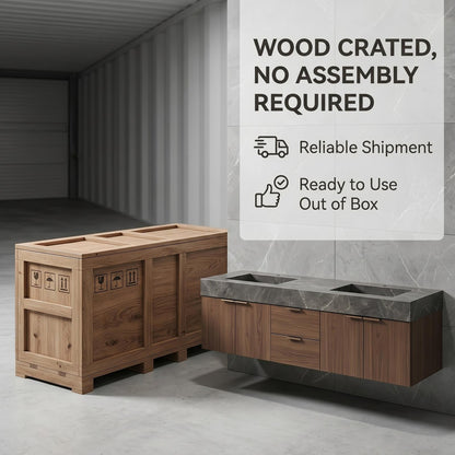 60''-96'' Double Bathroom Vanity with Sink Modern Floating Dark Walnut Slatted Center Panel