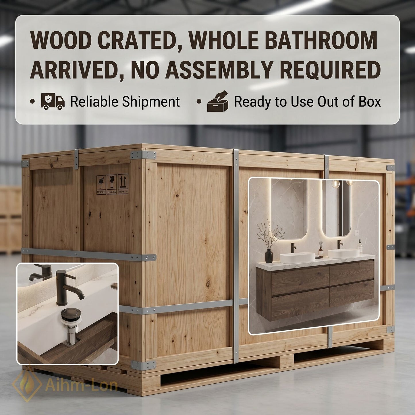 60''-96'' Modern Bathroom Vanity with Sink Floating Dark Wood Grain Dual Basin Drawers