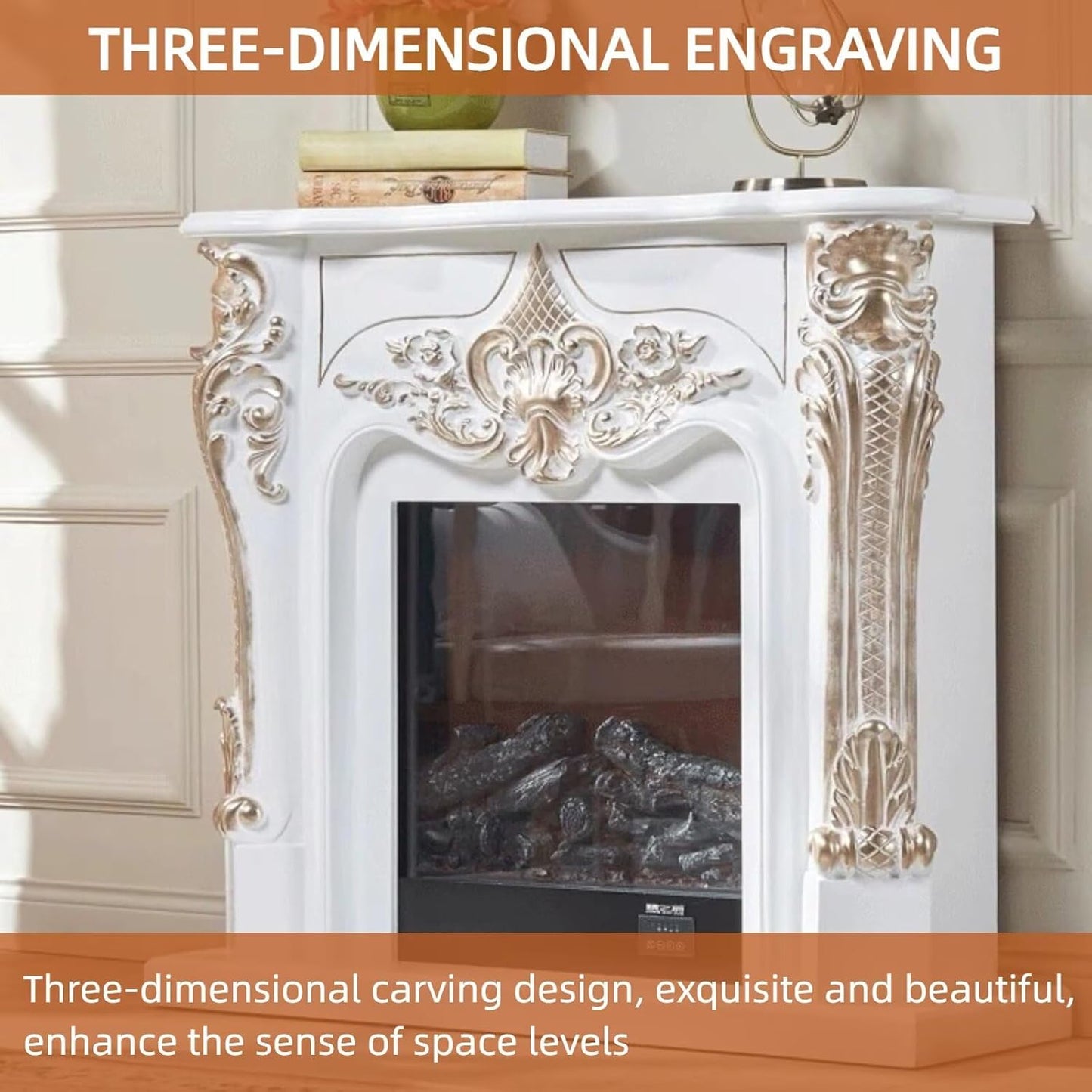 Aihm-Lon Electric Fireplace with Gold Outline Carving 39”