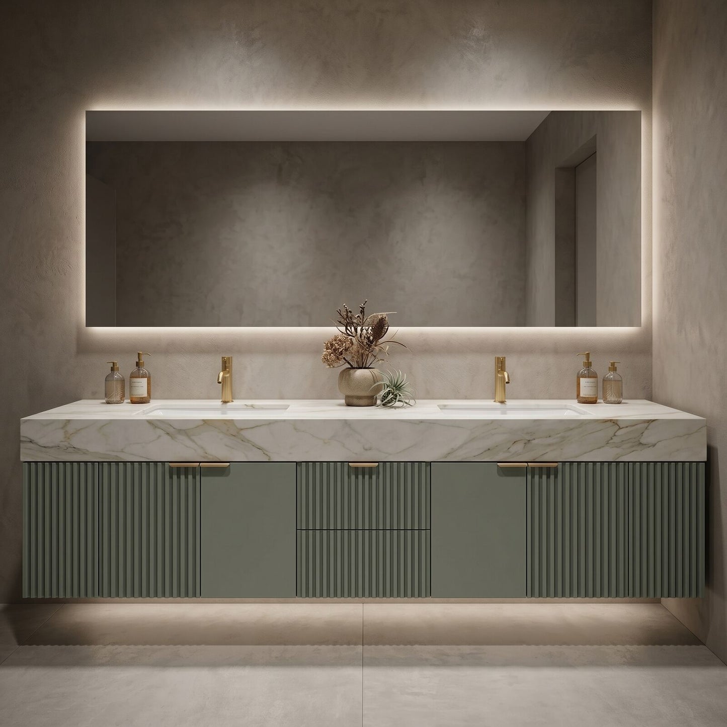 60''-96'' Modern Bathroom Vanity with Sink Double Sink Vertical Fluted Marble Pattern Cabinet