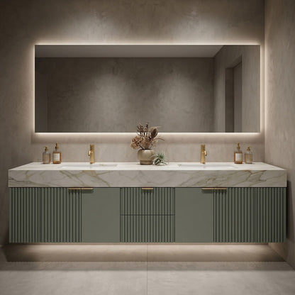 60''-96'' Modern Bathroom Vanity with Sink Double Sink Vertical Fluted Marble Pattern Cabinet