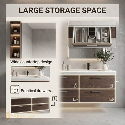 60''-96'' Modern Bathroom Vanity with Sink Dual Sink Marble-Style Top Six Drawers Cabinet