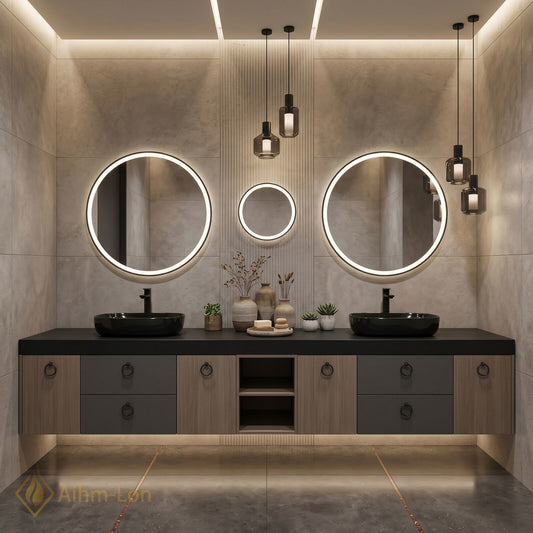 78''-96'' Double Bathroom Vanity with Sink Charcoal Finish Open Shelf Storage