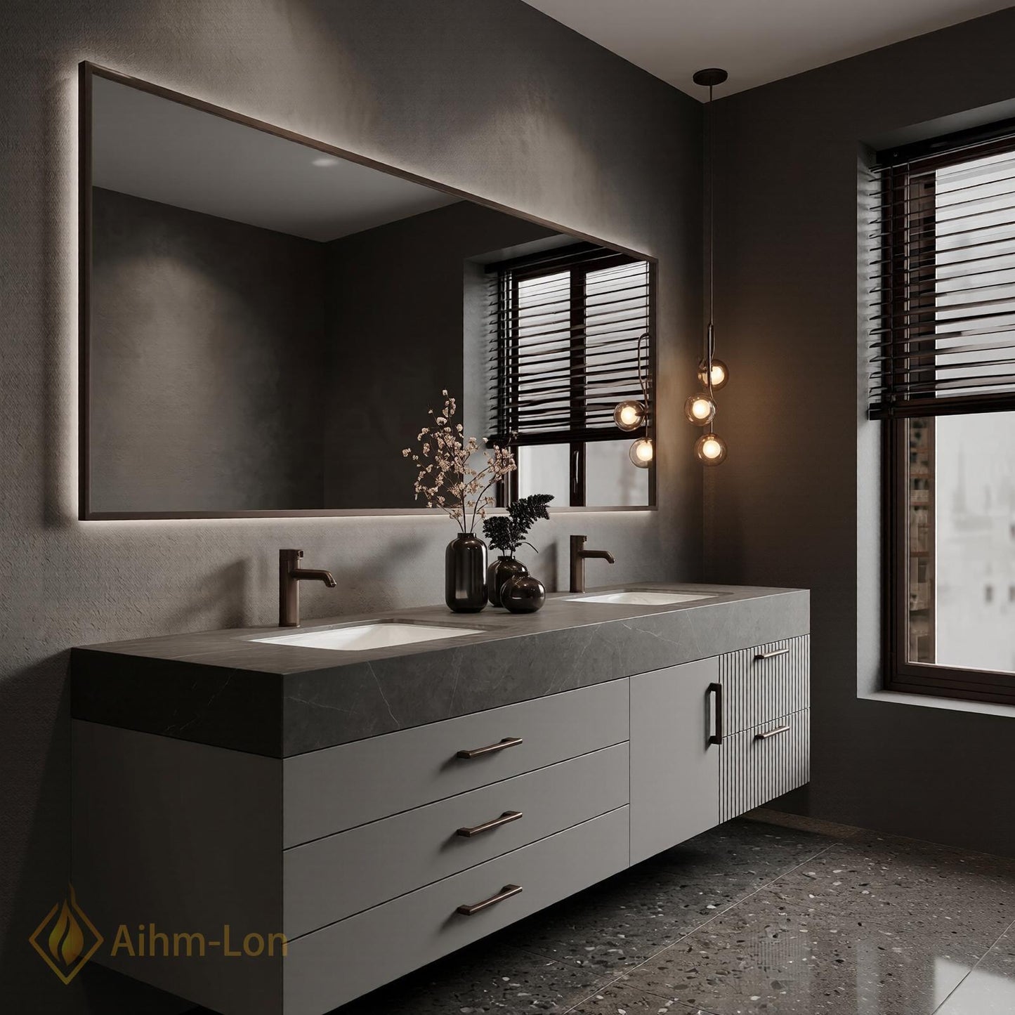 60''-96'' Double Bathroom Vanity with Sink Dark Modern Floating Stone Slatted-Panel