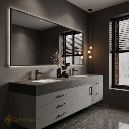 60''-96'' Double Bathroom Vanity with Sink Dark Modern Floating Stone Slatted-Panel