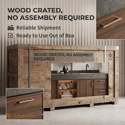 60''-96'' Double Bathroom Vanity with Sink Modern Floating Dark Stone Countertop Wood