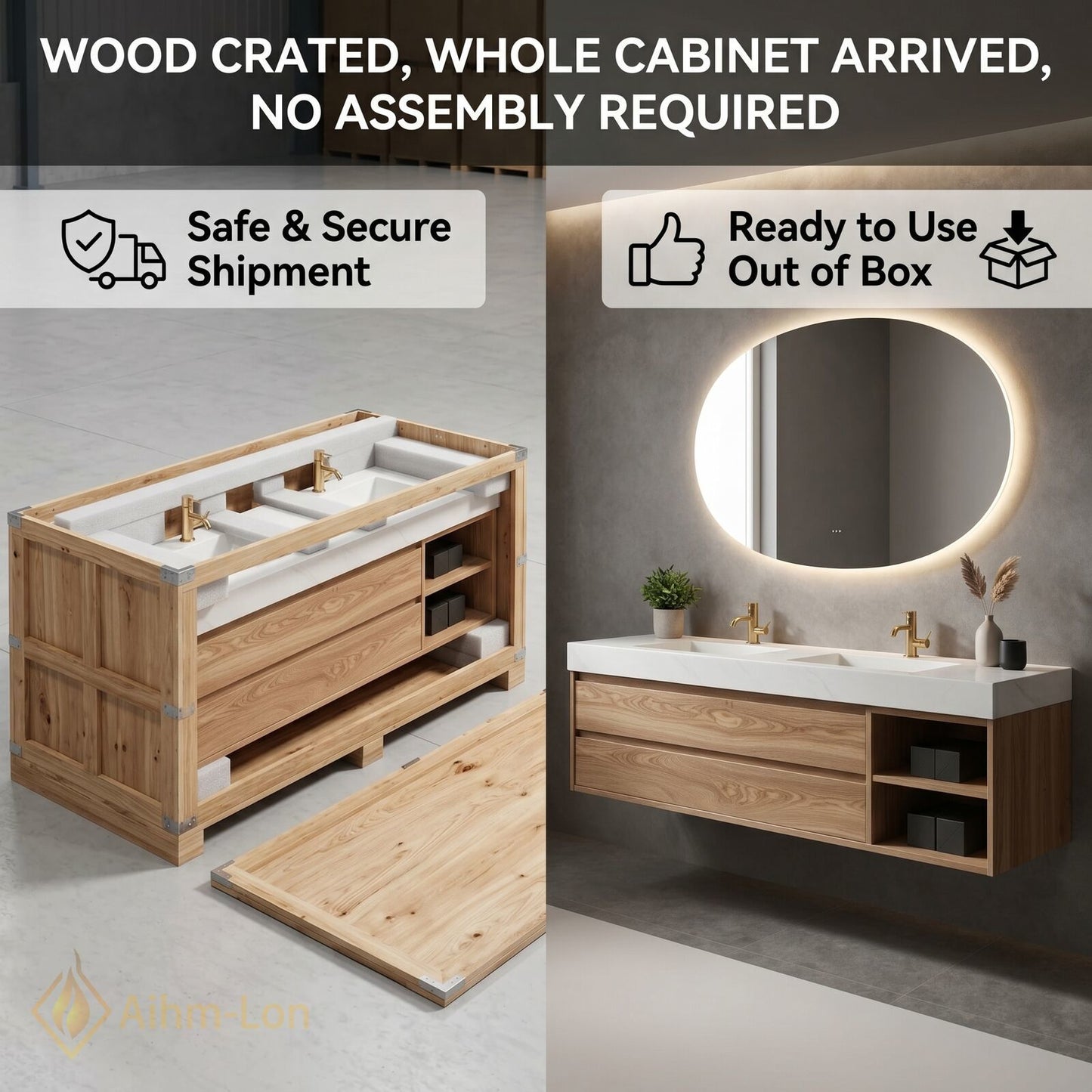 60''-96'' Double Bathroom Vanity with Sink Marble-Effect Top Solid Wood Storage Drawers