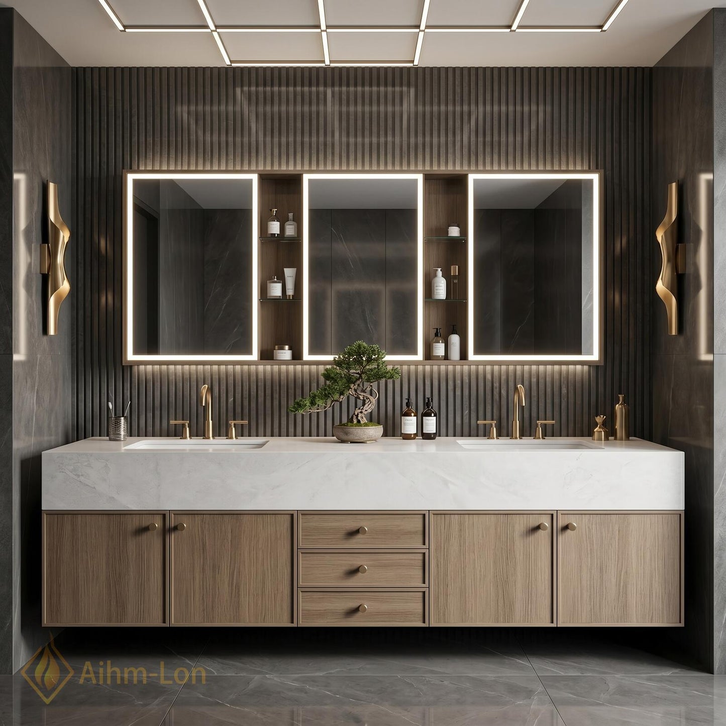 70''-96'' Modern Bathroom Vanity with Sink Floating Stone Wood Grain Center Drawers