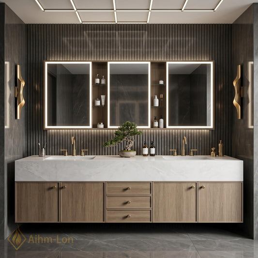 70''-96'' Modern Bathroom Vanity with Sink Floating Stone Wood Grain Center Drawers