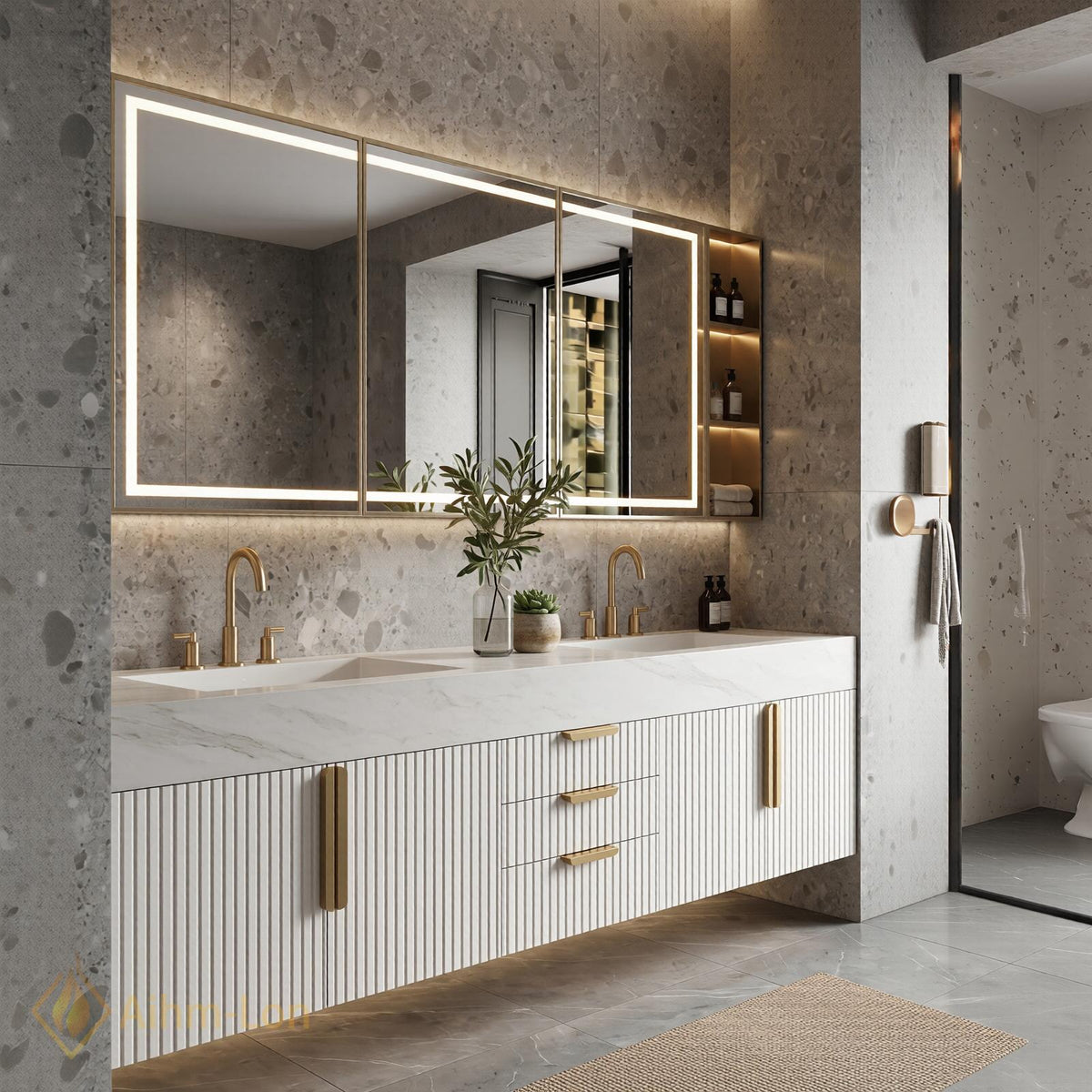 60''-96'' Double Bathroom Vanity with Sink Fluted Panel Marble-Like Surface Storage Cabinet