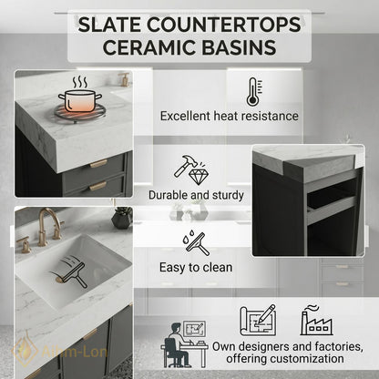 76''-96'' Modern Double Bathroom Vanity with Sink Floating Thick Stone Charcoal Finish