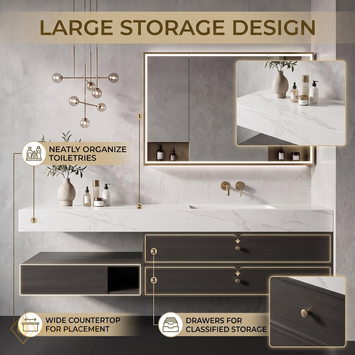 36''-110'' Bathroom Vanity with Sink Floating Single Basin Open Shelf Storage