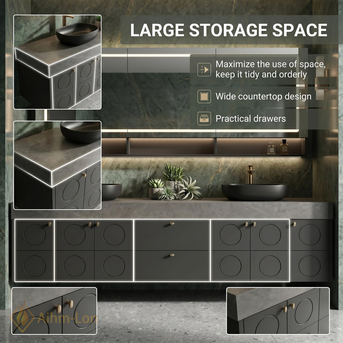 72''-96'' Double Bathroom Vanity with Sink Charcoal Modern Floating Stone Countertop Geometric