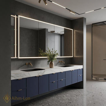 80''-96'' Double Bathroom Vanity with Sink Floating Double Marble Top Deep Navy
