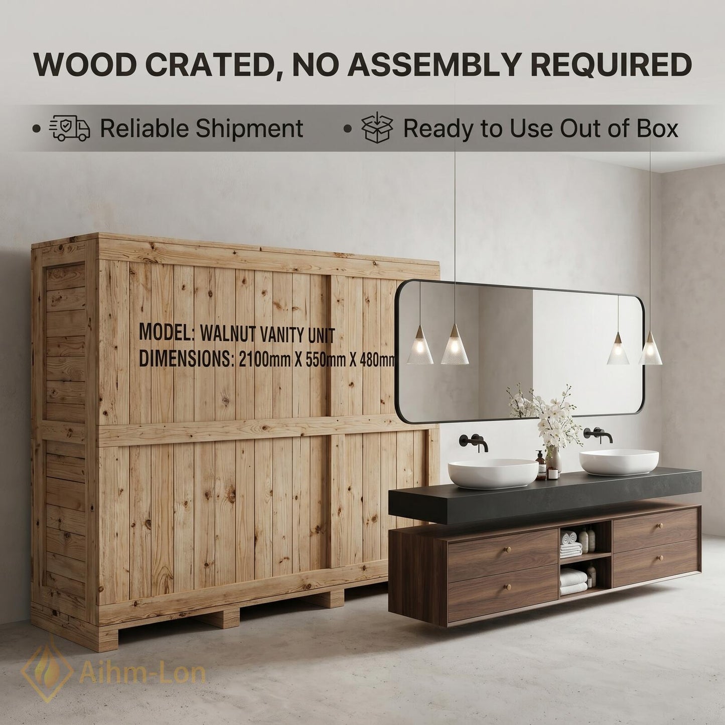 60''-96'' Double Bathroom Vanity with Sink Dark-Walnut Walnut Floating Modern Slatted Open-Shelving