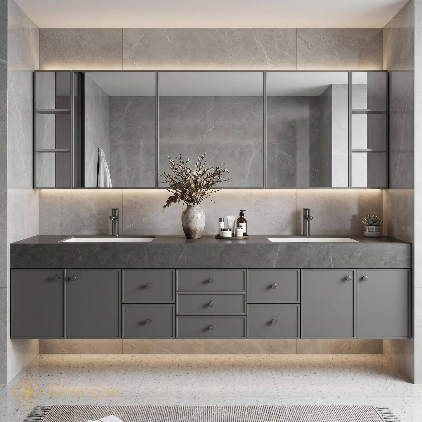 76''-96'' Double Bathroom Vanity with Sink Matte Grey Stone-Textured Countertop Modern Spaces