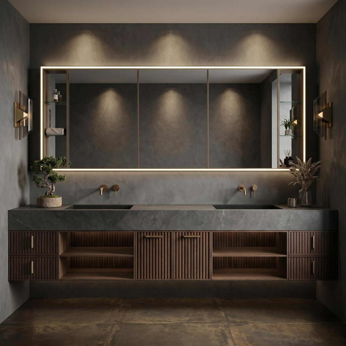 60''-96'' Double Bathroom Vanity with Sink Modern Floating Dark Stone Slatted Open Shelving