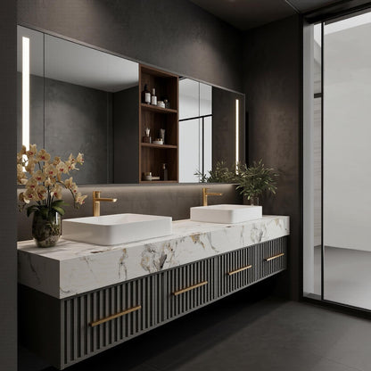 70''-96'' Modern Bathroom Vanity with Sink Double Sink Marble Top Dark Grey Slatted Cabinet