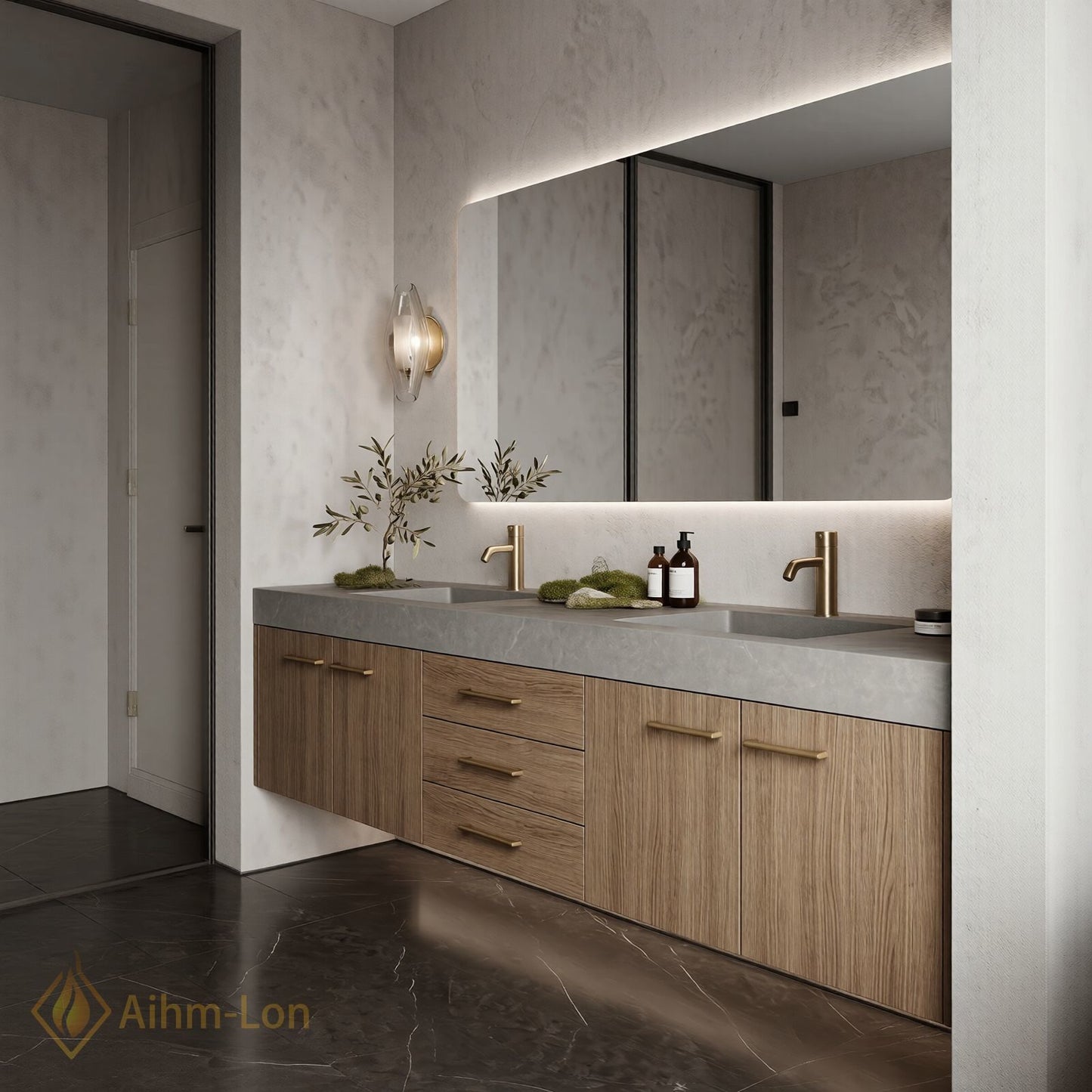 60''-96'' Double Bathroom Vanity with Sink Stone-Textured Top Wood-Grain Panels Stone Textured
