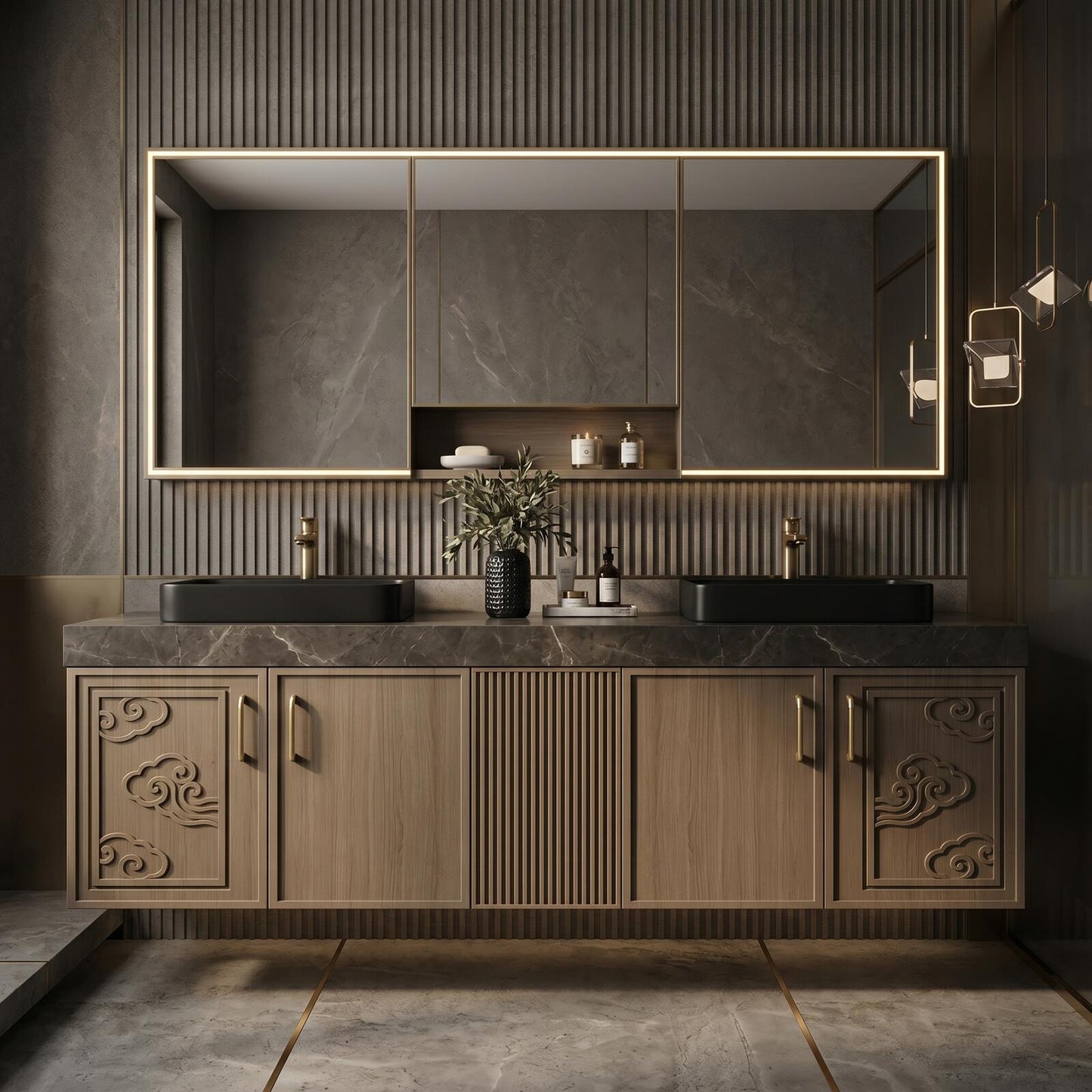 60''-96'' Modern Bathroom Vanity with Sink Double Sink Carved Cloud Oak Wood Grain Cabinet