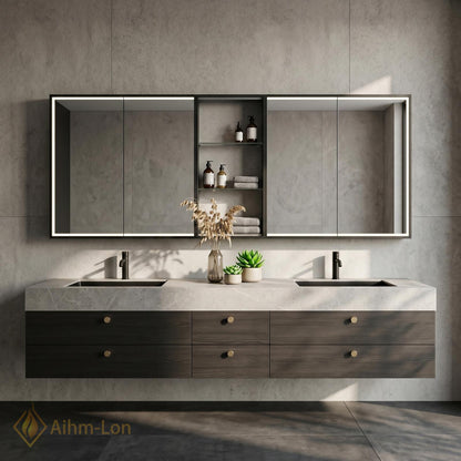 60''-96'' Double Bathroom Vanity with Sink Slatted Center Panel Dark Walnut Finish
