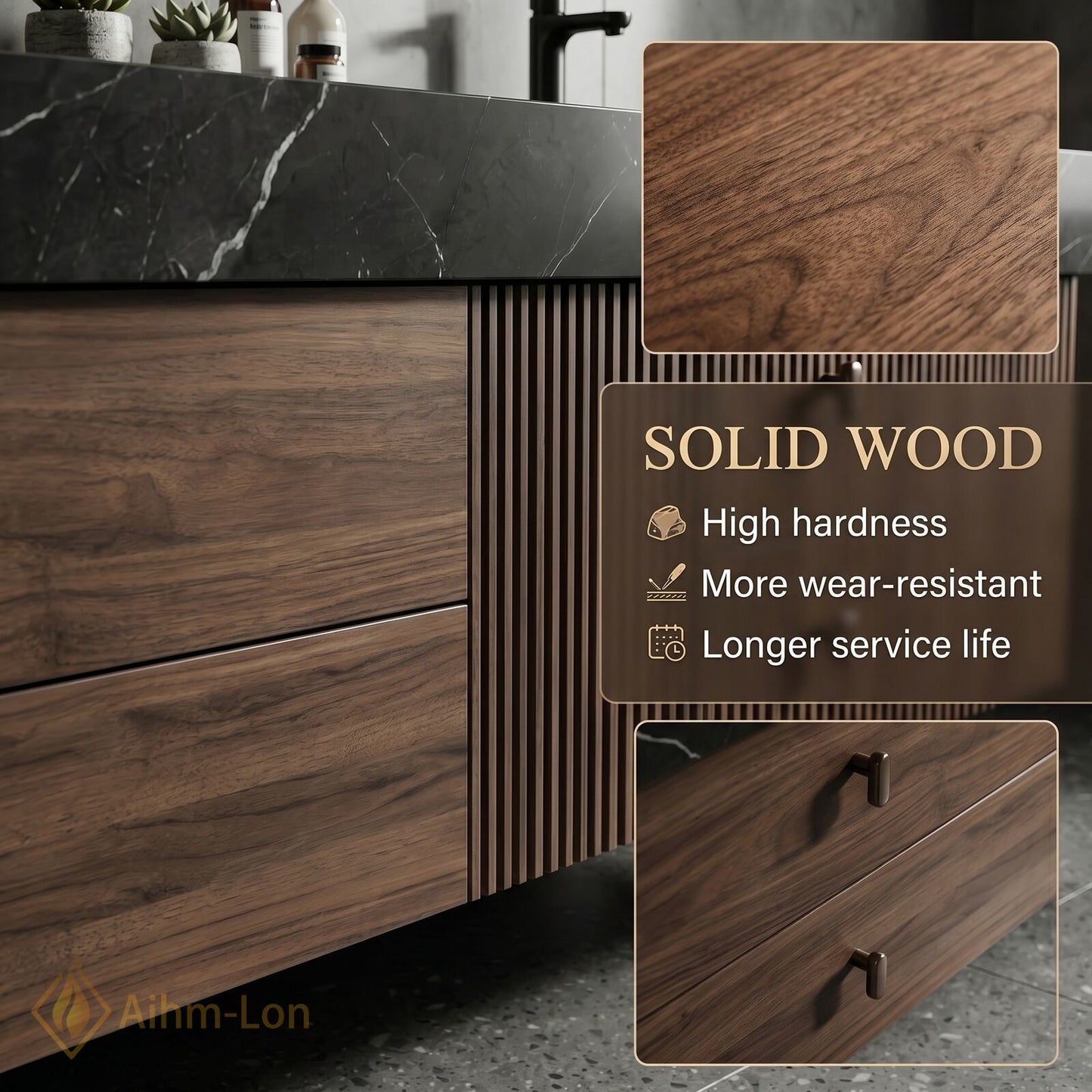 60''-96'' Double Bathroom Vanity with Sink Slat-Front Lower Cabinet Wall-Mounted Slat Dark