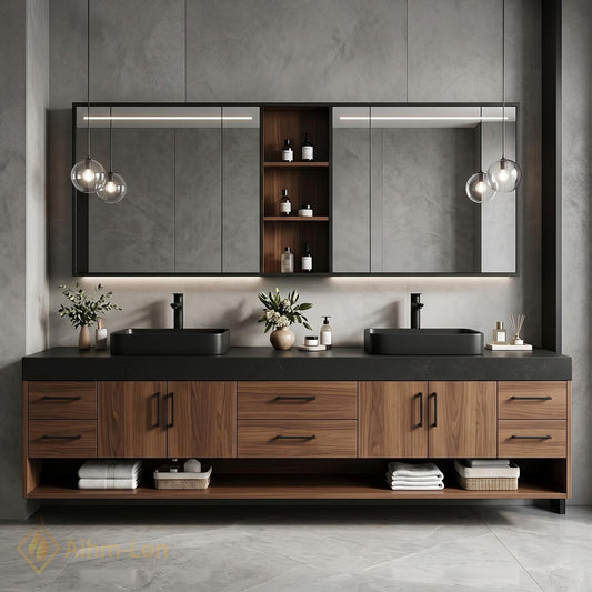 72''-96'' Double Bathroom Vanity with Sink Dark-Walnut Modern Slatted-Panel Finish